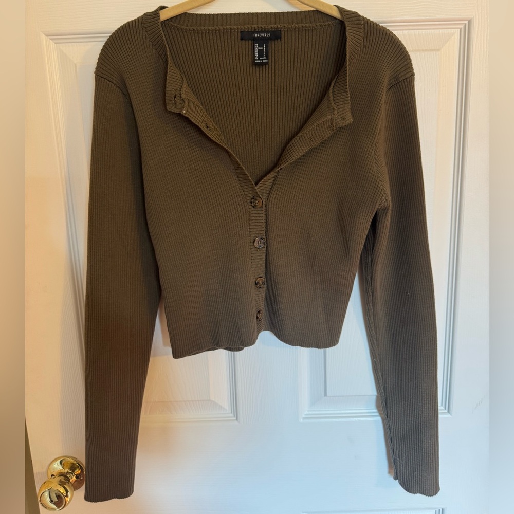 Moss Green/Brown Button-Up Cardigan